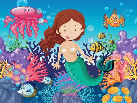 Mermaid And Fish Swimming Under The Sea Kids Environment Myth Vector