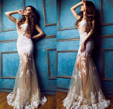 Sexy White Lace Appliques Mermaid See Through Evening