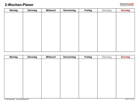 Wochenplaner Für Microsoft Excel Kalenderpedia