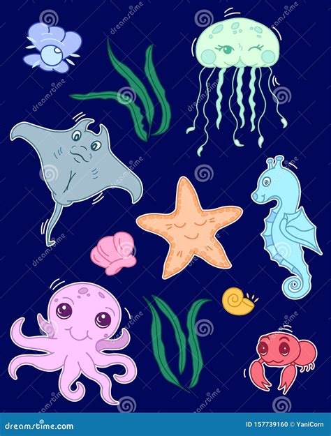 Set Of Cute Sea Creatures Kawaii Cartoon Drawn Ocean Animals Baby