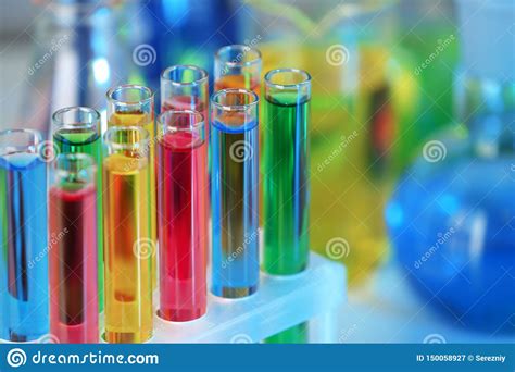 Test Tubes With Colorful Liquids In Rack Closeup Stock Image Image