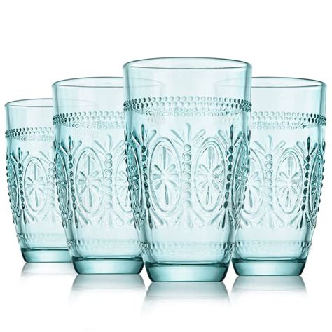 Creativeland 4 Pack Colored Vintage Drinking Glasses 15 5 Oz Romantic Embossed Water Glasses
