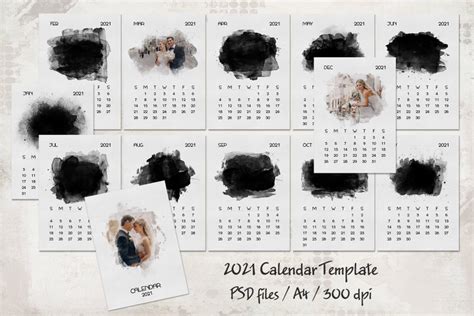 2021 Calendar Template With Watercolor Mask A4 Personalized Etsy