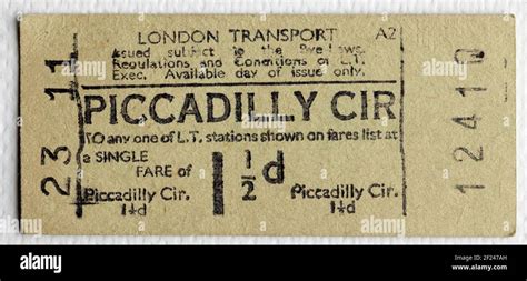 Old London Transport Underground Or Tube Ticket From Piccadilly Circus