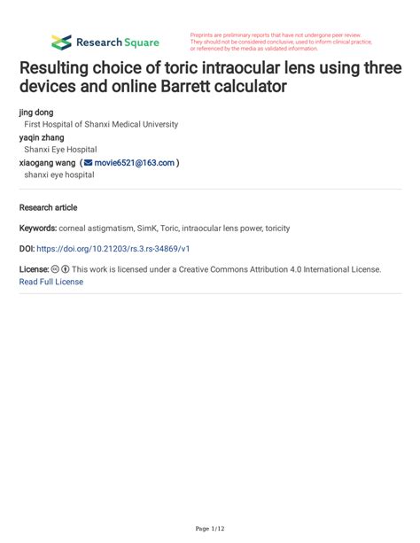 Pdf Resulting Choice Of Toric Intraocular Lens Using Three Devices And Online Barrett Calculator