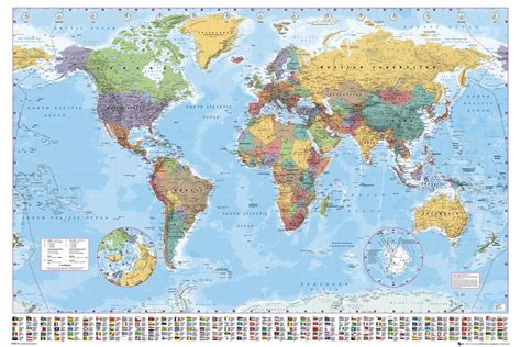 Large World Map Poster Wall Chart With Country Flags New Up To Date