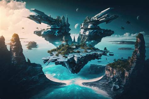 Three Dimensional Image Of Futuristic Virtual World With Spaceships And