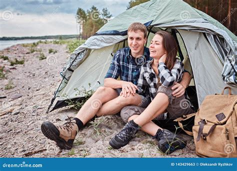 Couple Camping Young People Sitting In Tent Stock Image Image Of