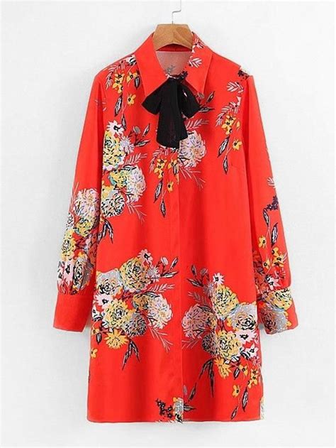 Tie Neck Floral Print Shirt Dress Printed Shirt Dress Floral Print Shirt Fashion