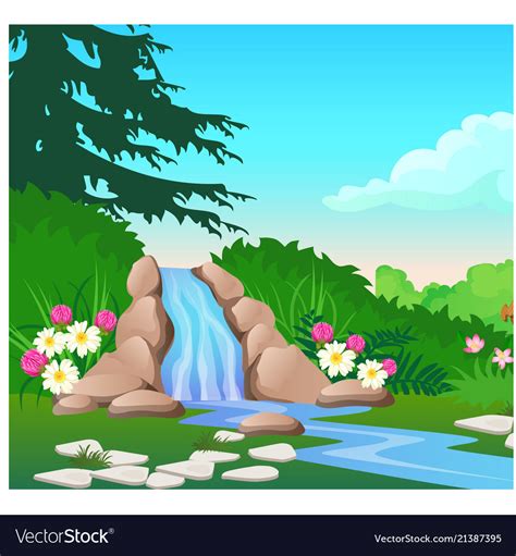 Picturesque Landscape With A Waterfall On The Vector Image