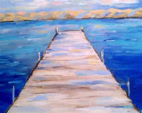Dock Painting With Deep Blue Water And Mountains Sunset Print Etsy