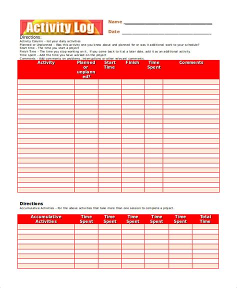 17 Free Activity Log Template Word Excel Pdf Documents Download