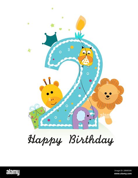 Happy Second Birthday With Animals Baby Boy Greeting Card Vector Stock