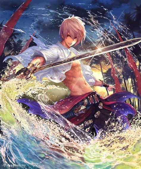An Anime Character Riding On The Back Of A Boat With Two Swords In His Hand