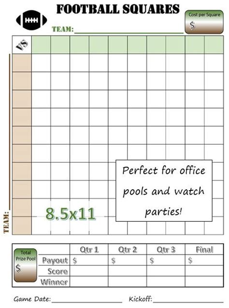 85x11 Football Squares Printable Template Office Etsy