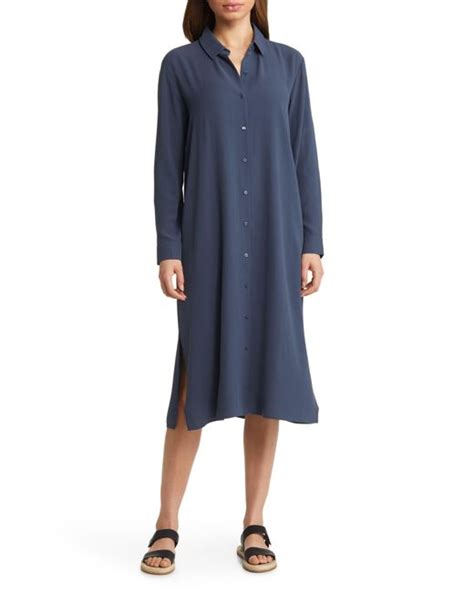 Eileen Fisher Spread Collar Long Sleeve Georgette Crepe Silk Shirtdress