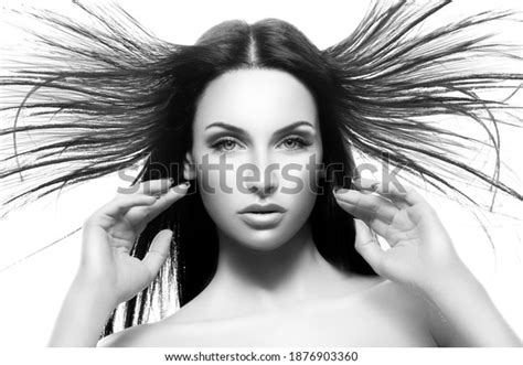 Attractive Model Woman Blowing Hair Perfect Stock Photo 1876903360