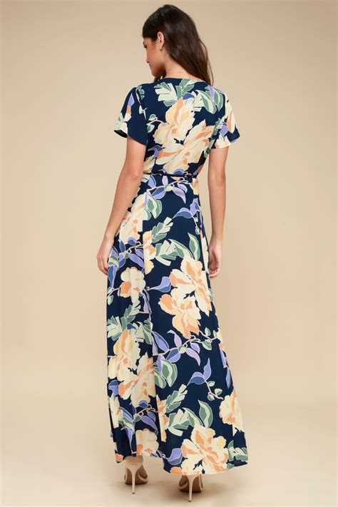 Tropical Print Dress Wrap Dress Navy Blue Maxi Dress