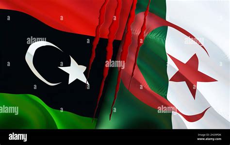 Libya And Algeria Flags With Scar Concept Waving Flag3d Rendering