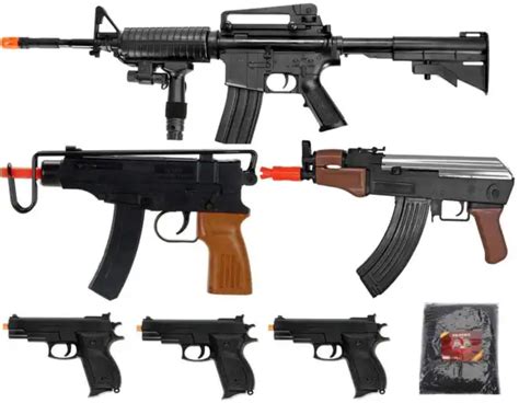 Lot Of 7 Airsoft M16 M4 Rifle Ak47 Spetsnaz Scorpion Handgun 3 Pistols