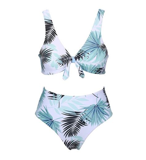 High Waisted Tie Front Bikini Tropical Print Padded Swimsuits For