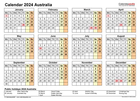 2024 Printable Calendar 2024 Australia Calendar With Holidays 2024