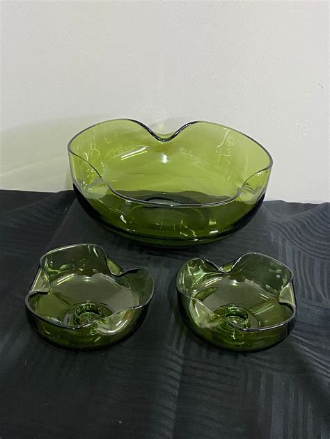 Vintage Anchor Hocking Green Glass Bowl And Candleholder Set Etsy