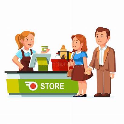 Cashier Counter Checkout Customers Serving Vector Grocery
