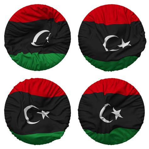 Libya Flag In Round Shape Isolated With Four Different Waving Style