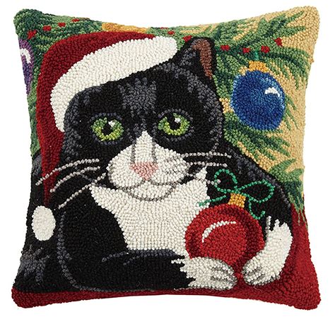 Mischievous Christmas Kitty Hooked Pillow Wool Throw Pillows