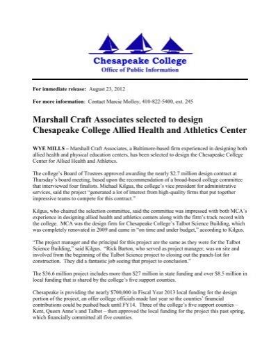 Marshall Craft Associates To Design Center Chesapeake College