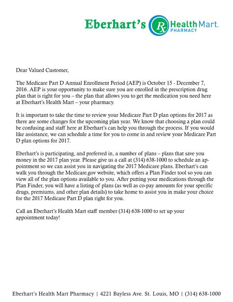 Sales associate sample cover letter. Reminder: Medicare Part D Annual Enrollment - Eberhart ...