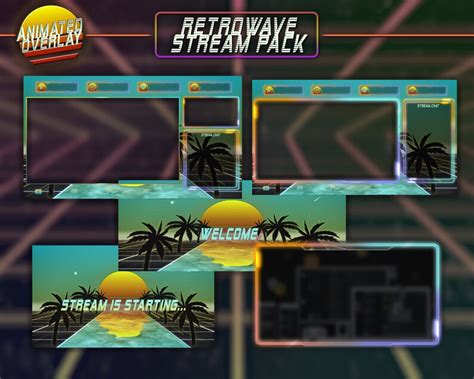 Animated Retro Synthwave Stream Overlay Full Twitch Pack 80s