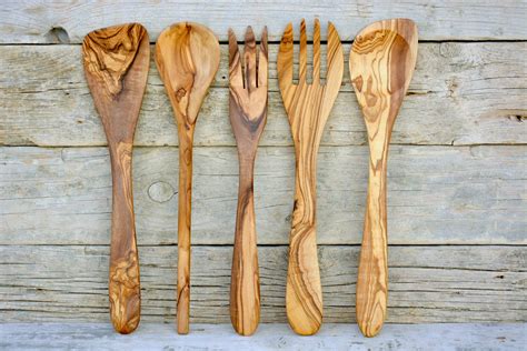 Exotic And Unique Olive Wood Utensils Set 12 Inch Wooden Etsy