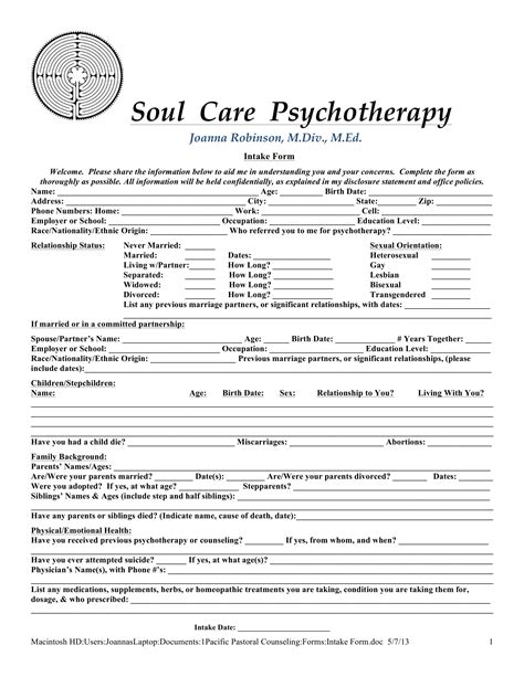 Mental Health Printable Counselling Intake Form Template Printable Forms Free Online