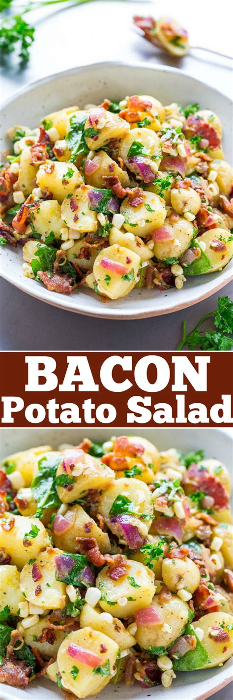 The potatoes maintain their natural moisture and sweetness this way. Potato Salad with Bacon (No Mayo!) - Averie Cooks
