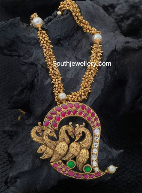 Antique Gold Necklace With Mango Peacock Pendant Indian Jewellery Designs