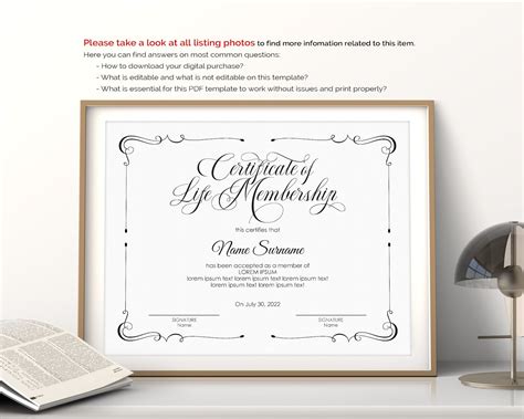 Editable Life Membership Certificate Template Printable Etsy