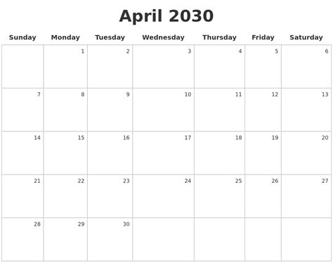 April 2030 Make A Calendar