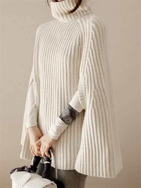 Turtleneck Slit Solid Knitted Casual Cape Sleeve Sweater Noracora