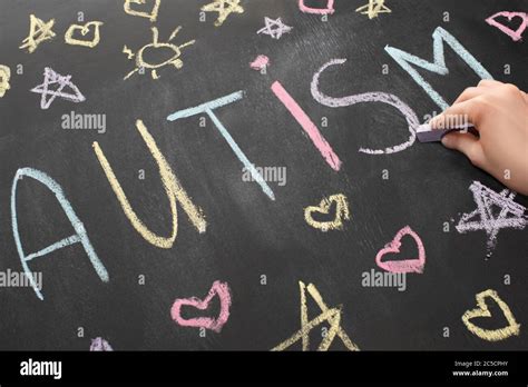Partial View Of Woman Writing Word Autism On Chalkboard Stock Photo Alamy