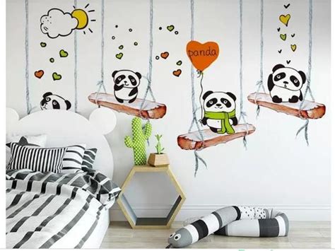 Hand Painted Cartoon Pandas Nursery Wallpaper Wall Mural Etsy Kids