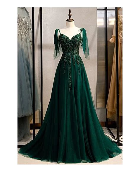 Dark Green Flowy Tulle Prom Dress With Train Appliques Myx78059