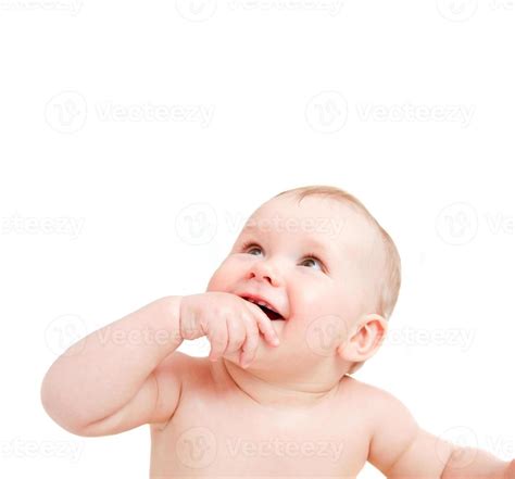 Cute Happy Baby Smiling Looking Above On White 9367635 Stock Photo At