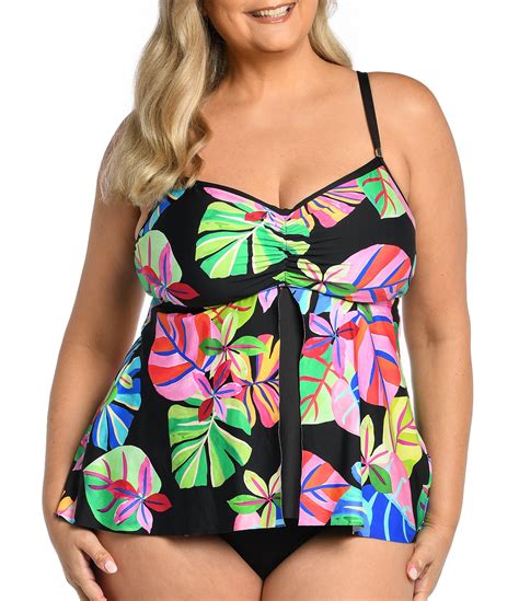 24th and ocean plus size flyaway tropical floral print sweetheart neck underwire tankini swim top