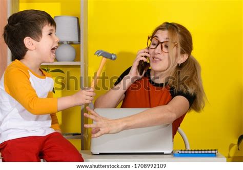Busy Mother Working Home Kids Homeschooling Stock Photo 1708992109