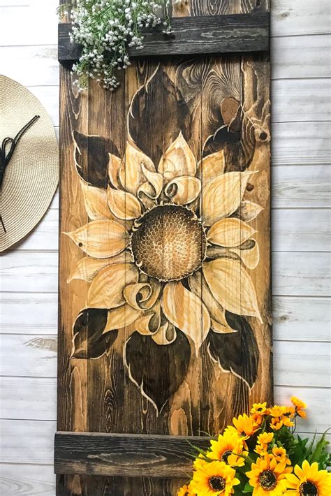 This Sunflower Is Hand Carved Into A Mini Barn Door Hang This Wood Art