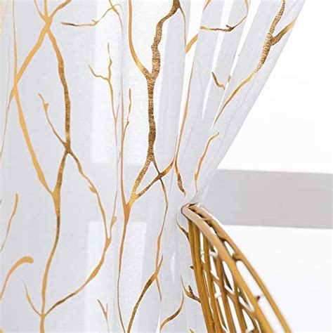 Kotile Gold White Sheer Curtains Metallic Gold Foil Printed Tree
