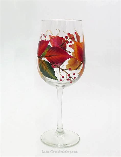 Hand Painted Autumn Leaves Wine Glass Fall By Lemontreeworkshop