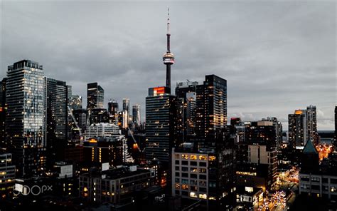 Download Wallpapers Toronto Cn Tower Metropolis Skyscrapers Evening